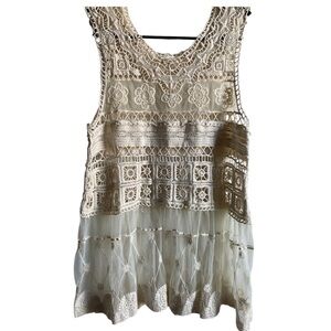 Lovely153 Crochet Lace Boho Hippie Sheer Babydoll Coquette Cream Beach Top M